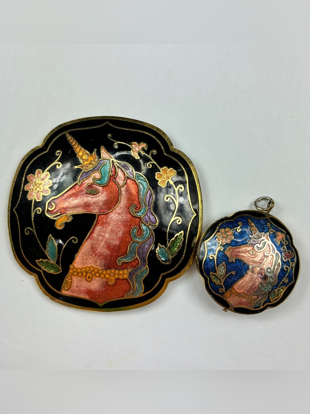 Vintage Cloisonne Mystical Unicorn Pendent & Bolo Tie Clip